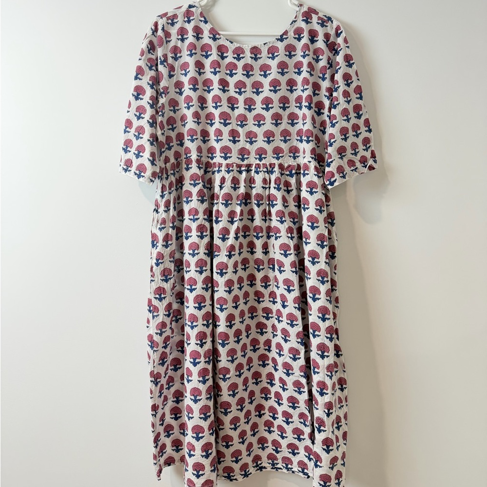 White Midi Dress with Pink & Blue Block Print